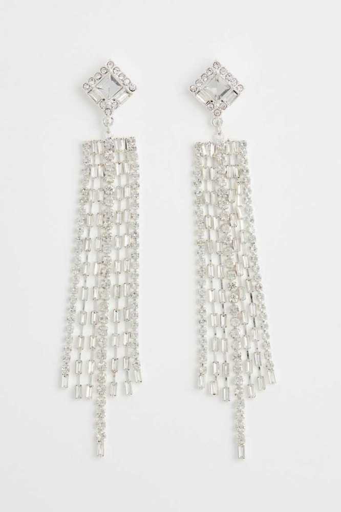 H&M Long Rhinestone Ohrringe Damen Silber | 2506-KPYNG