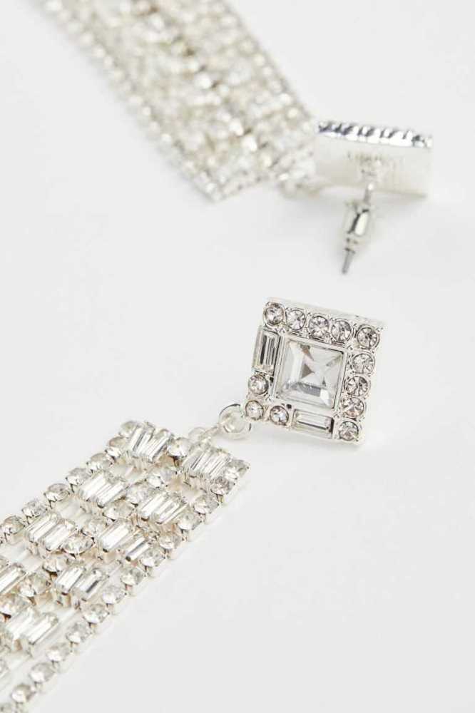 H&M Long Rhinestone Ohrringe Damen Silber | 2506-KPYNG