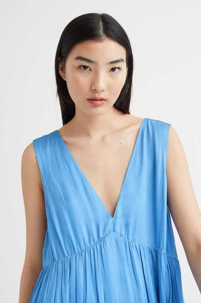 H&M Long V-neck Kleider Damen Blau | 9052-UZOAY