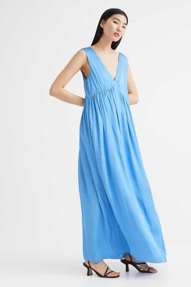 H&M Long V-neck Kleider Damen Blau | 9052-UZOAY