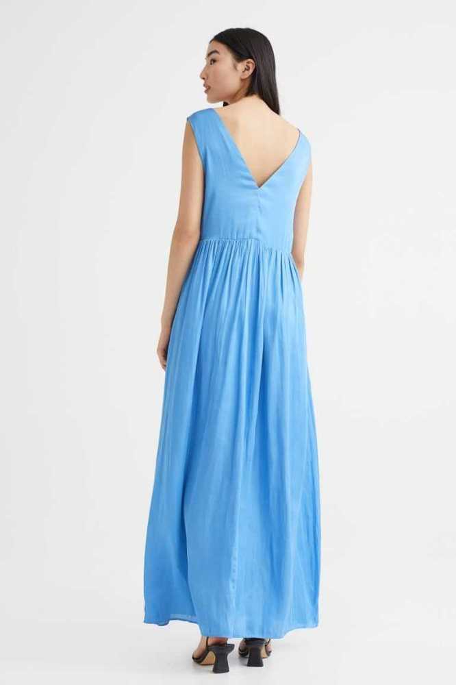 H&M Long V-neck Kleider Damen Blau | 9052-UZOAY