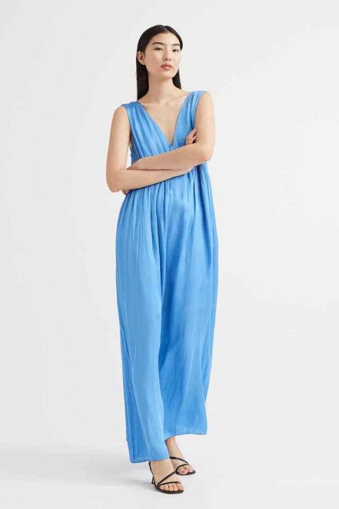 H&M Long V-neck Kleider Damen Blau | 9052-UZOAY