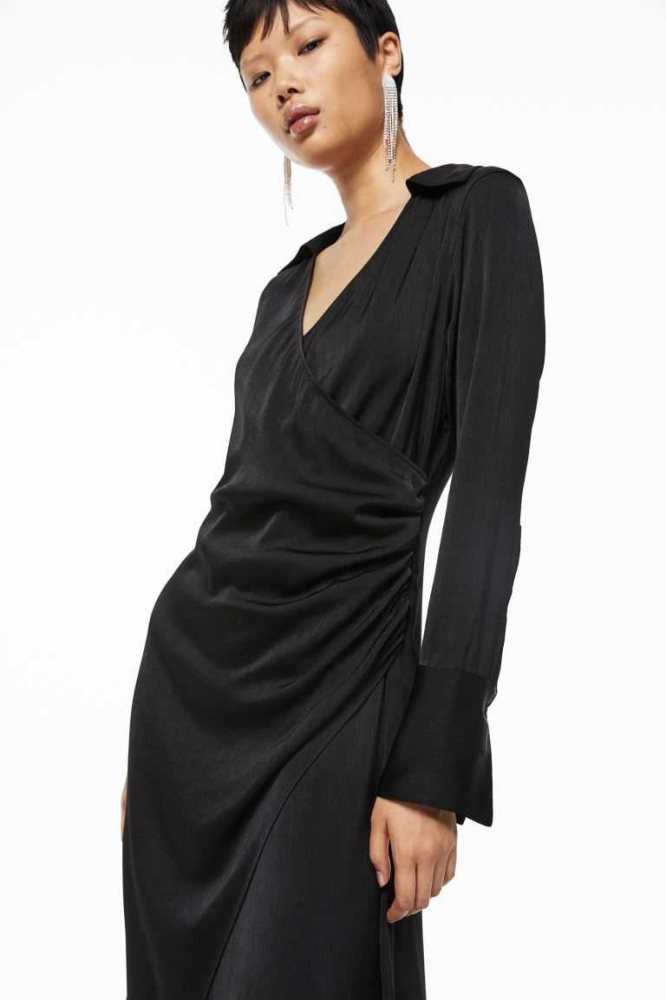 H&M Long Wrap-front Kleider Damen Schwarz | 6375-AGPQR