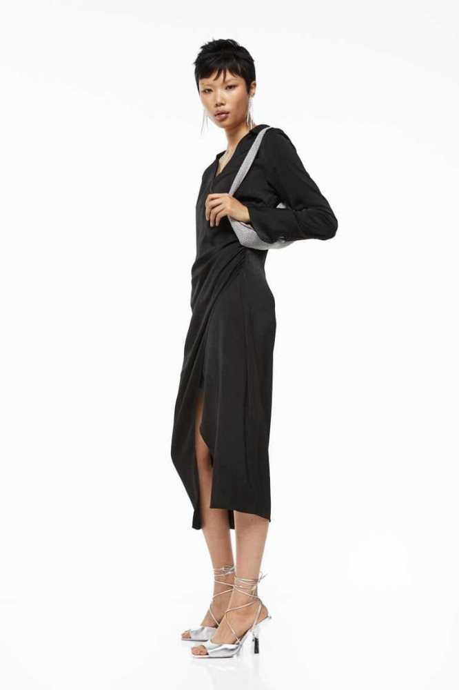 H&M Long Wrap-front Kleider Damen Schwarz | 6375-AGPQR