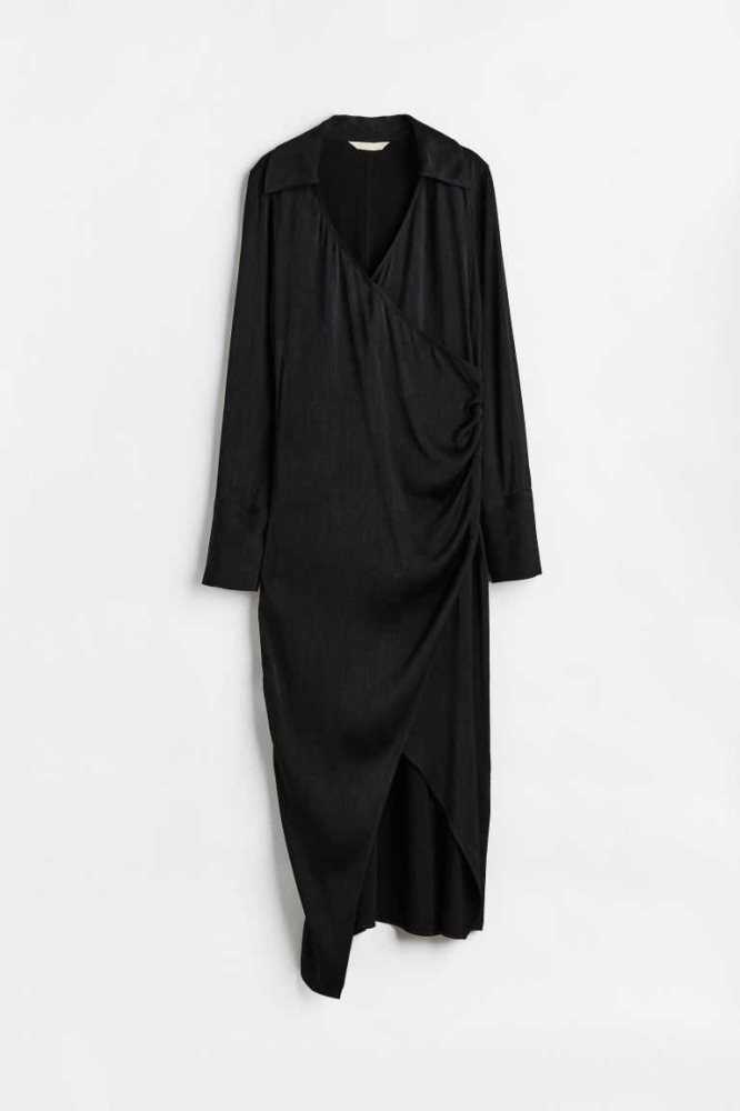 H&M Long Wrap-front Kleider Damen Schwarz | 6375-AGPQR