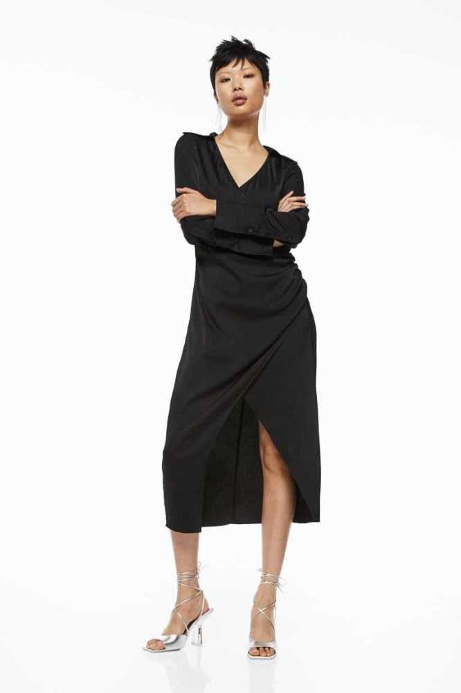 H&M Long Wrap-front Kleider Damen Schwarz | 6375-AGPQR