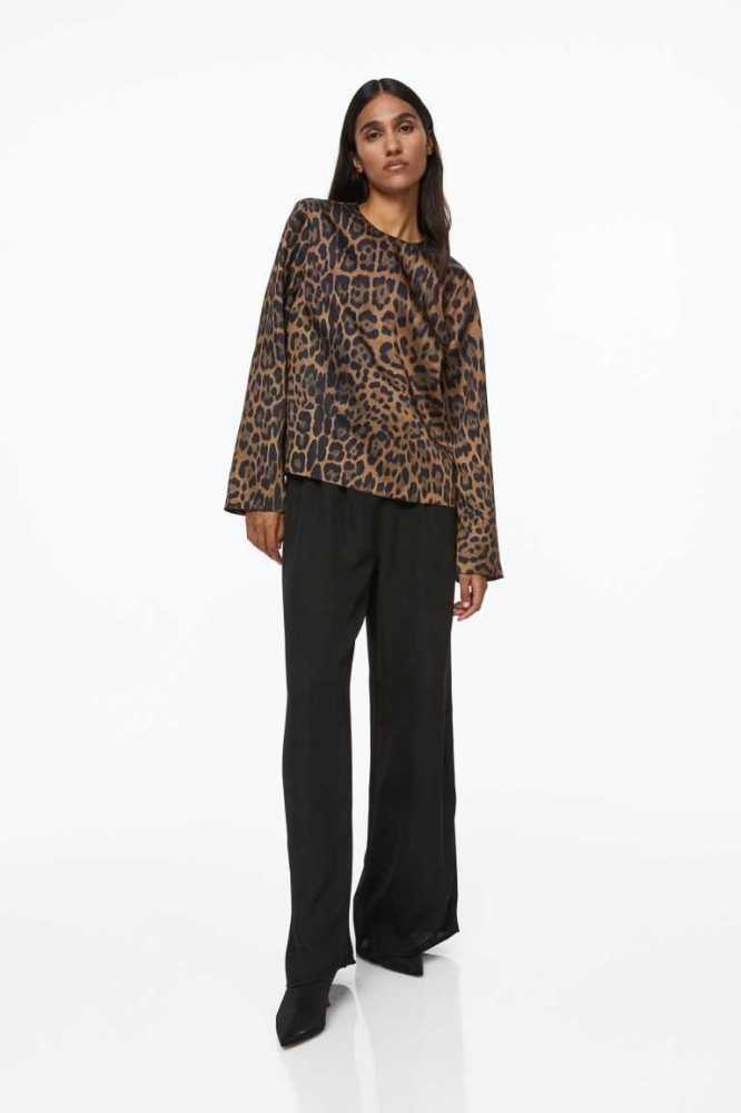 H&M Long-sleeved Bluse Damen Braun Leopard | 0481-RWADK