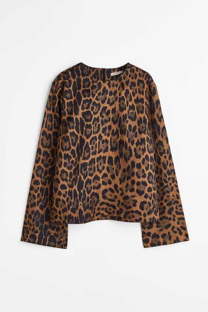 H&M Long-sleeved Bluse Damen Braun Leopard | 0481-RWADK