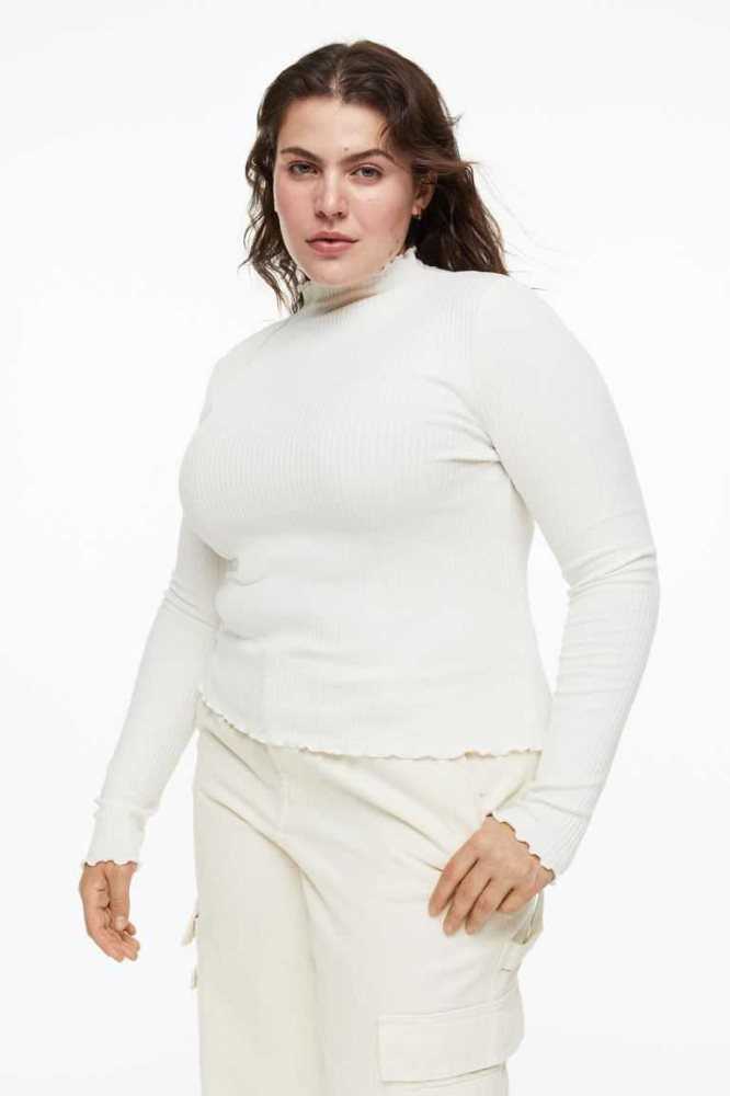 H&M Long-sleeved Gerippt Oberteile Damen Weiß | 8047-FKQJP