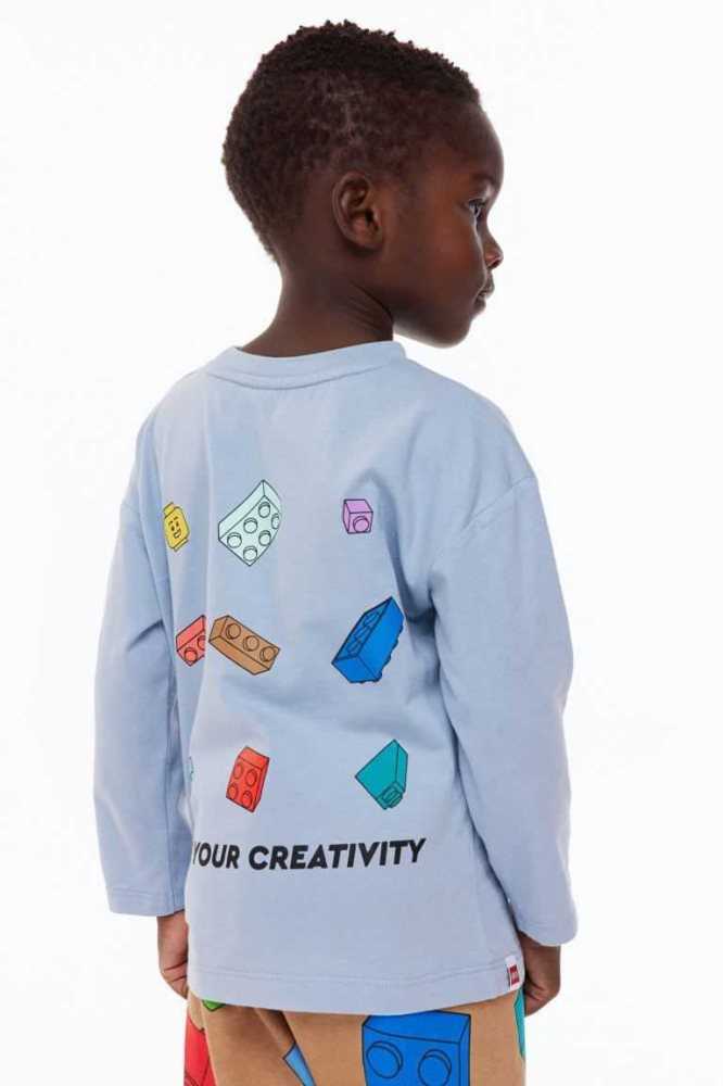 H&M Long-sleeved Printed Hemd Kinder Hellblau | 8312-FXUNW