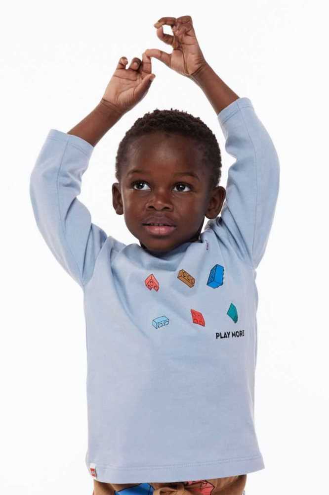 H&M Long-sleeved Printed Hemd Kinder Hellblau | 8312-FXUNW