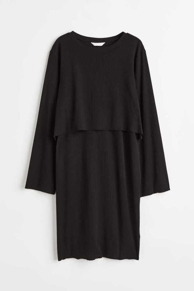 H&M MAMA Gerippt Nursing Kleider Schwangerschaftskleidung Damen Schwarz | 7809-BSVMG