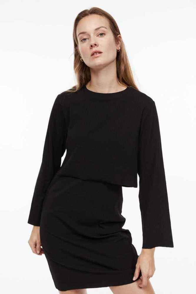 H&M MAMA Gerippt Nursing Kleider Schwangerschaftskleidung Damen Schwarz | 7809-BSVMG