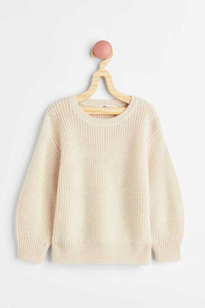 H&M Merino Wolle Rib-knit Pullover Kinder Beige Weiß | 8269-SZTLE