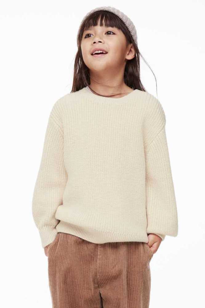 H&M Merino Wolle Rib-knit Pullover Kinder Beige Weiß | 8269-SZTLE