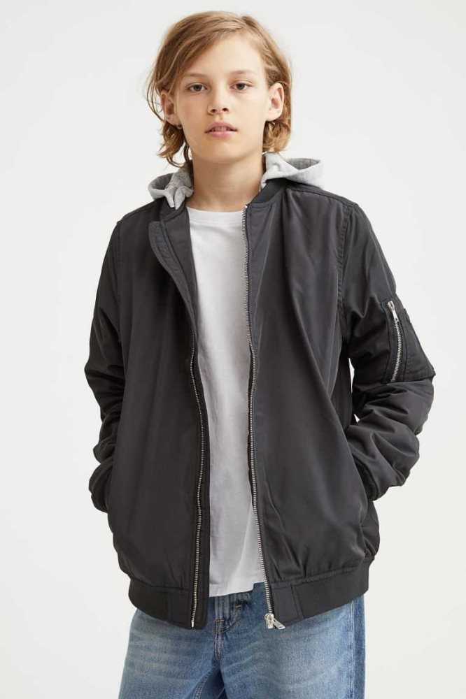 H&M Mit Kapuze Bomber Jacket Oberbekleidung Kinder Schwarz | 9654-GLMNX