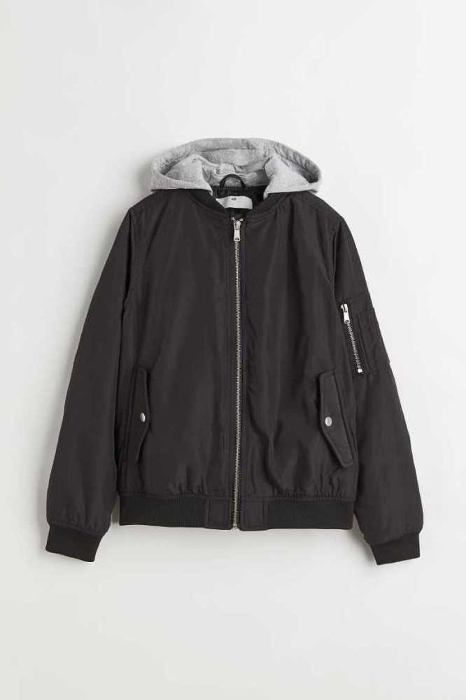 H&M Mit Kapuze Bomber Jacket Oberbekleidung Kinder Schwarz | 9654-GLMNX