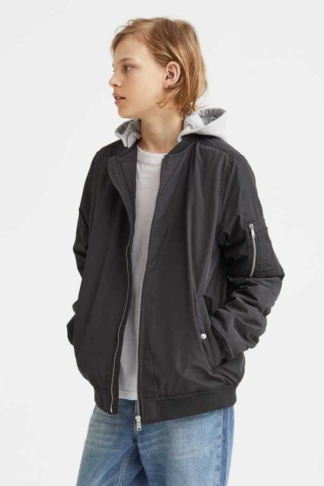 H&M Mit Kapuze Bomber Jacket Oberbekleidung Kinder Schwarz | 9654-GLMNX