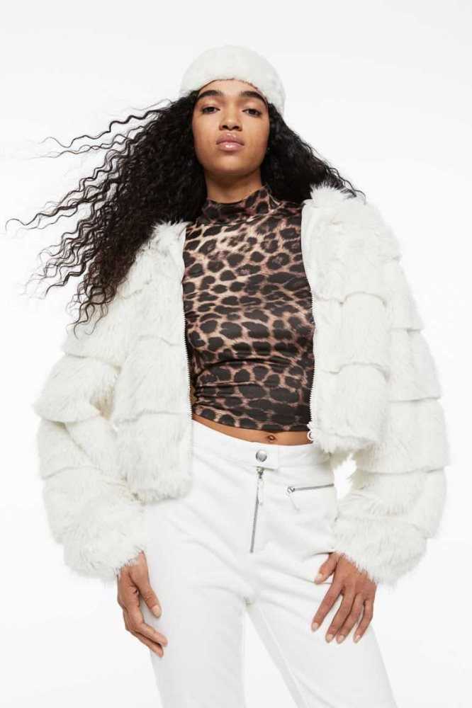 H&M Mit Kapuze Fluffy Jacke Damen Weiß | 9185-ZJDKP