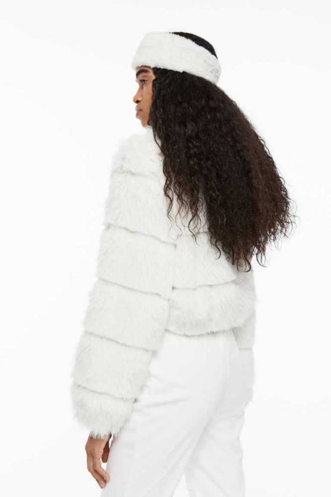 H&M Mit Kapuze Fluffy Jacke Damen Weiß | 9185-ZJDKP