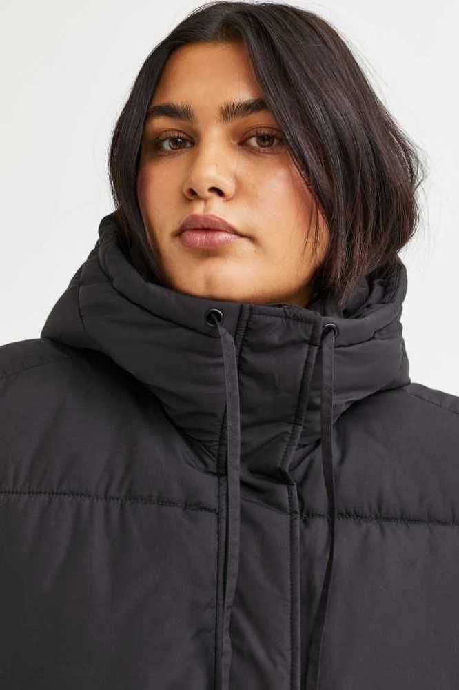 H&M Mit Kapuze Puffer Jacke Damen Schwarz | 2614-VYCPG