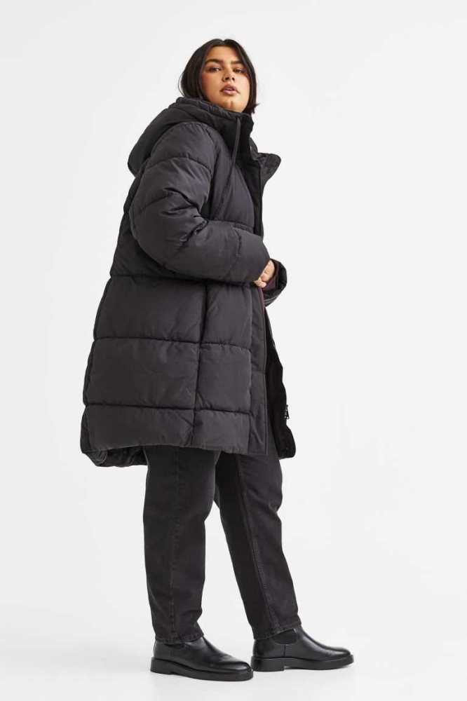 H&M Mit Kapuze Puffer Jacke Damen Schwarz | 2614-VYCPG