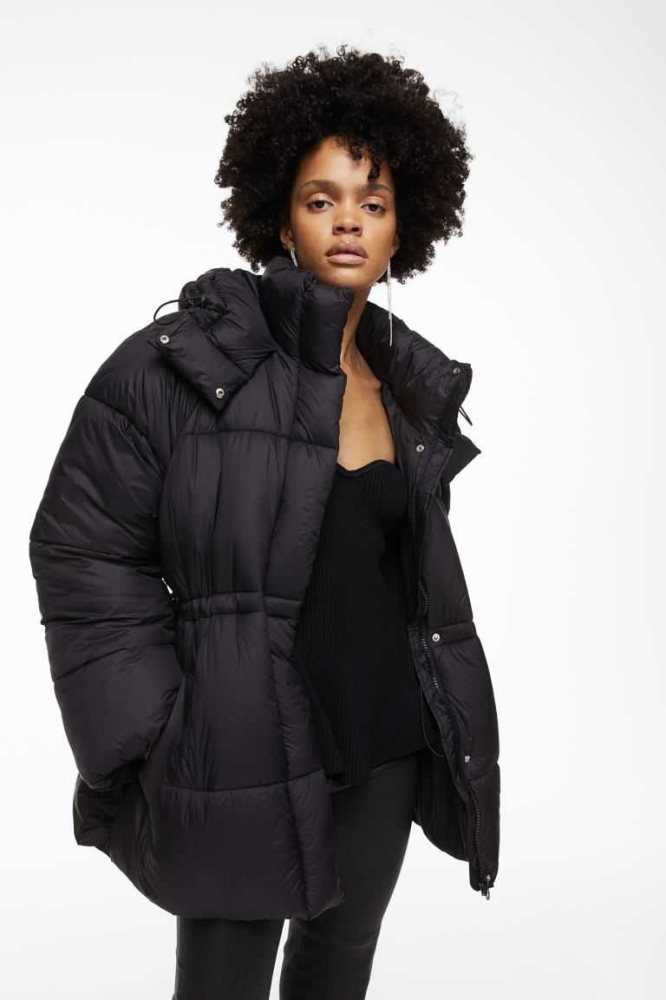 H&M Mit Kapuze Puffer Jacke Damen Schwarz | 5379-LAGOS