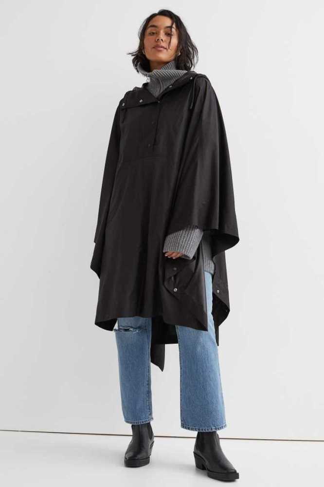 H&M Mit Kapuze Rain Cape Jacke Damen Schwarz | 9317-JEFKR