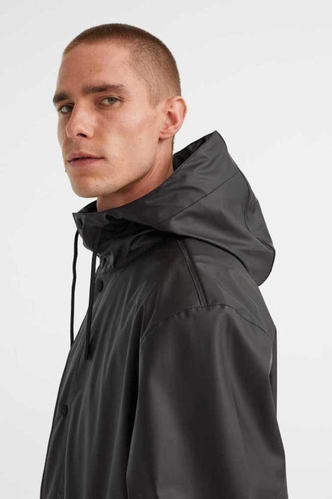 H&M Mit Kapuze Rain Jacke Herren Schwarz | 2538-CTHDR