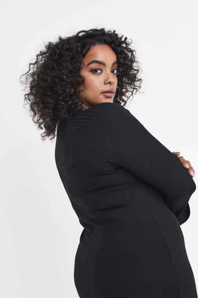 H&M Mock-turtleneck Gerippt Kleider Damen Schwarz | 7605-MBFKG