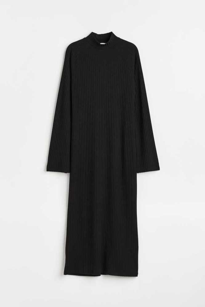 H&M Mock-turtleneck Gerippt Kleider Damen Schwarz | 7605-MBFKG