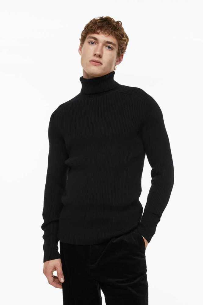 H&M Muscle Fit Turtleneck Pullover Herren Schwarz | 1608-JBAHM