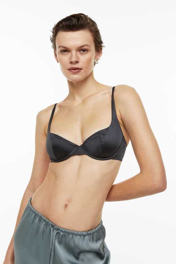 H&M Non-padded underwired stretch satin bra Unterwäsche Damen Dunkelgrau | 0968-JRXYK