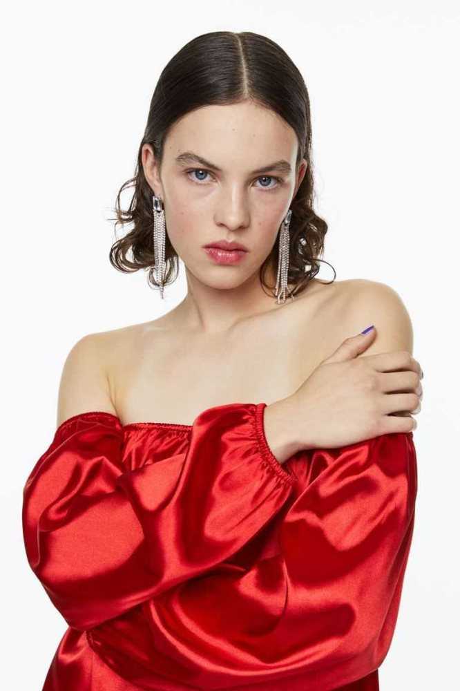 H&M Off-the-shoulder Satin Kleider Damen Rot | 9508-TCHGB