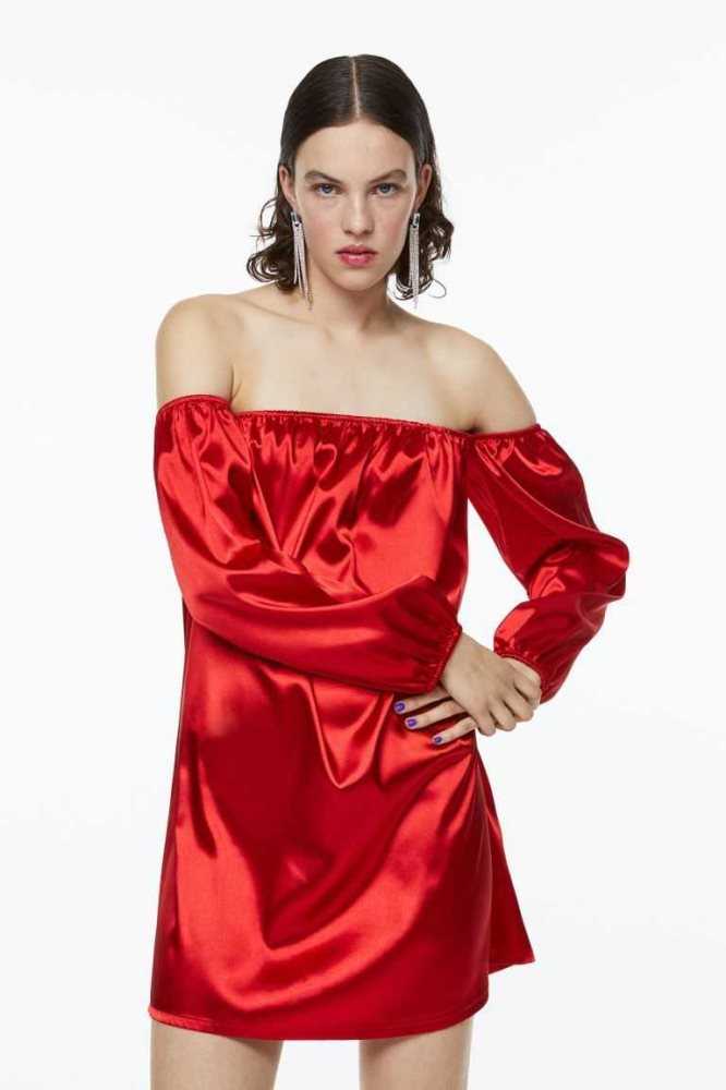 H&M Off-the-shoulder Satin Kleider Damen Rot | 9508-TCHGB