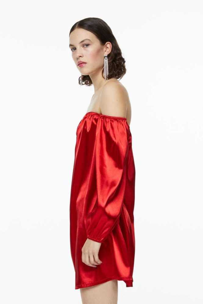 H&M Off-the-shoulder Satin Kleider Damen Rot | 9508-TCHGB