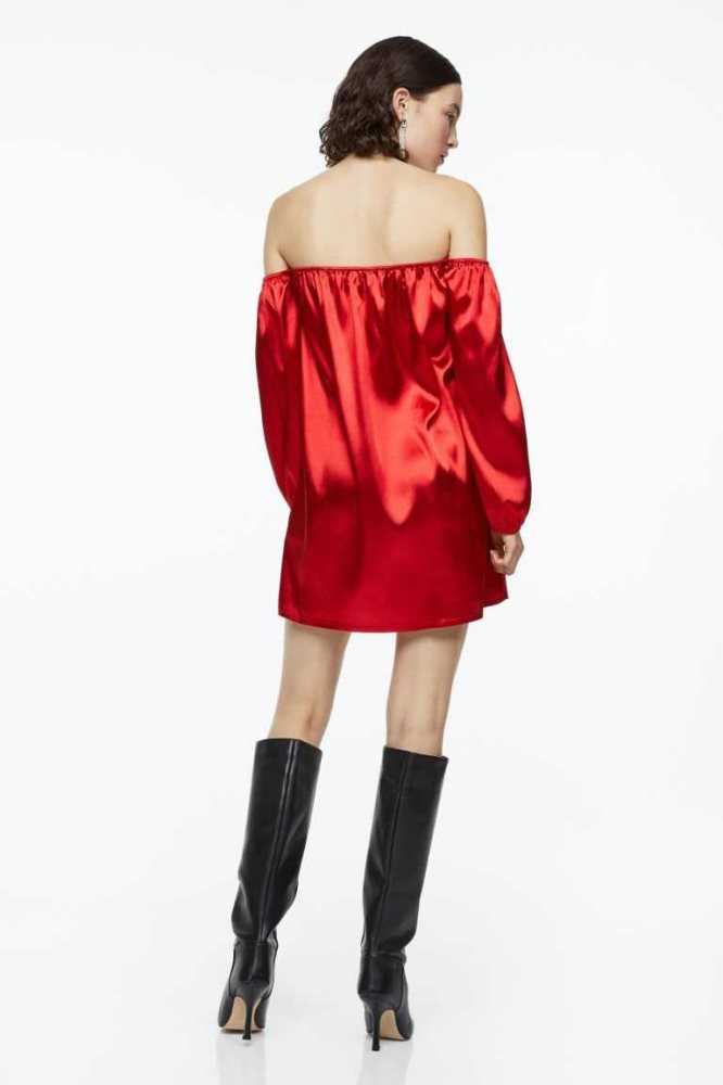 H&M Off-the-shoulder Satin Kleider Damen Rot | 9508-TCHGB