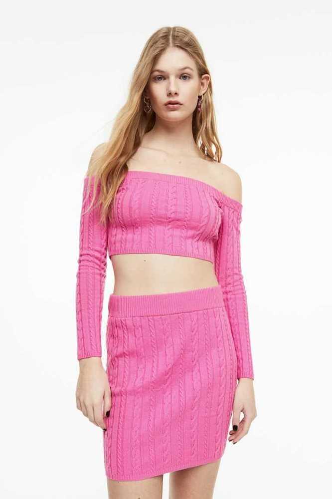 H&M Off-the-shoulder cable-knit top Pullover Damen Rosa | 2561-YQLWE