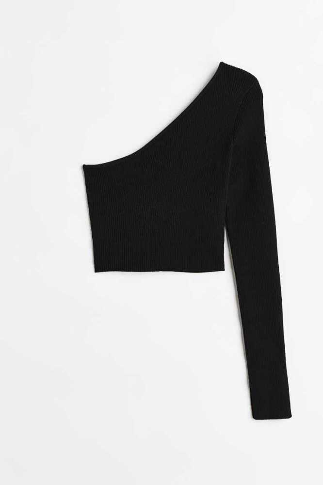 H&M One-shoulder Rib-knit Oberteile Damen Schwarz | 5693-OVXJE