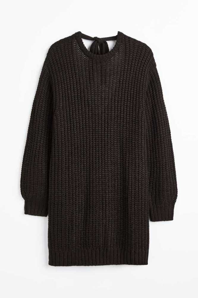 H&M Open-backed knitted Kleider Damen Schwarz | 0489-JWDTA