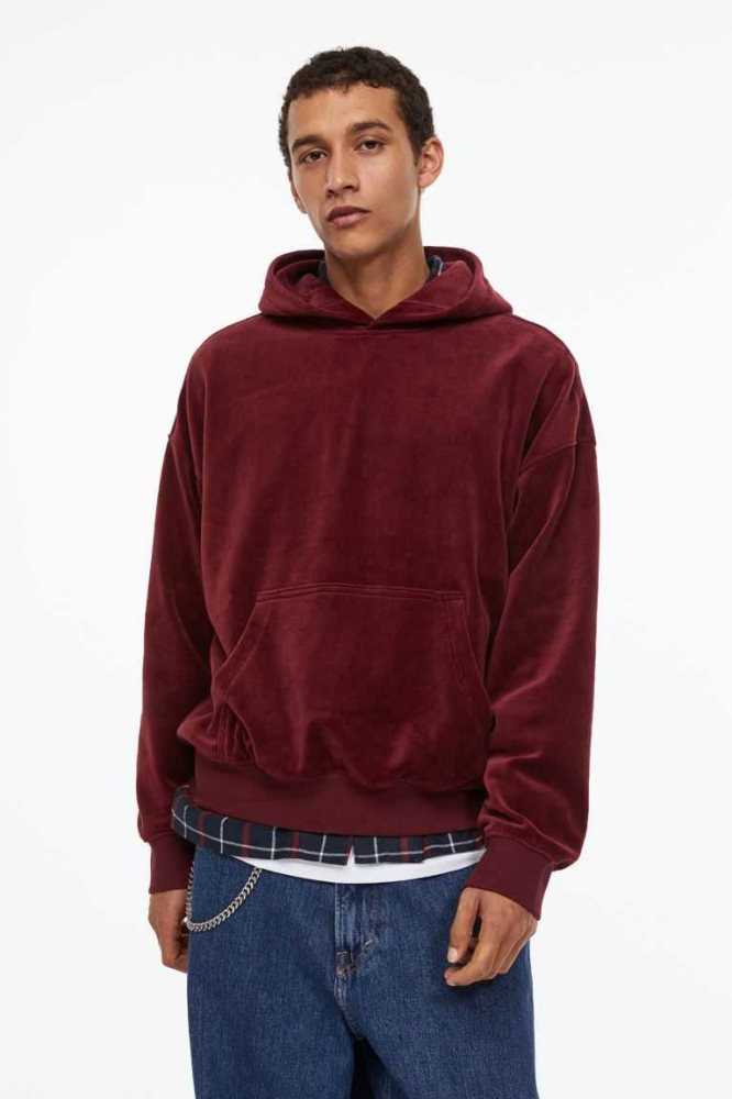 H&M Oversized Fit Velour Hoodie Herren Bordeaux | 1324-BYNQG