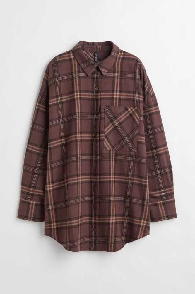 H&M Oversized Flannel Shirt Bluse Damen Hellrosa Schwarz | 3826-AXBON