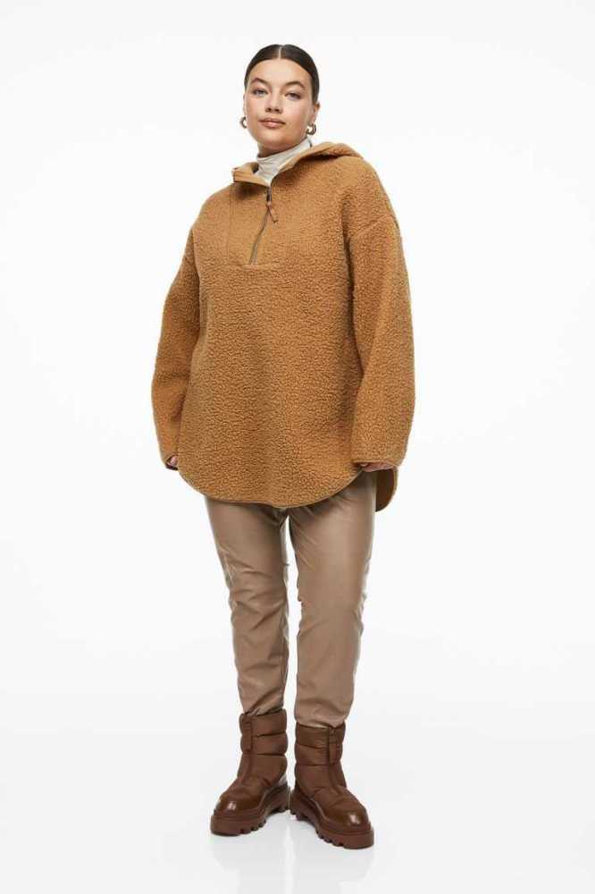 H&M Oversized Fleece Hoodie Damen Dunkelbeige | 0539-VMZYS