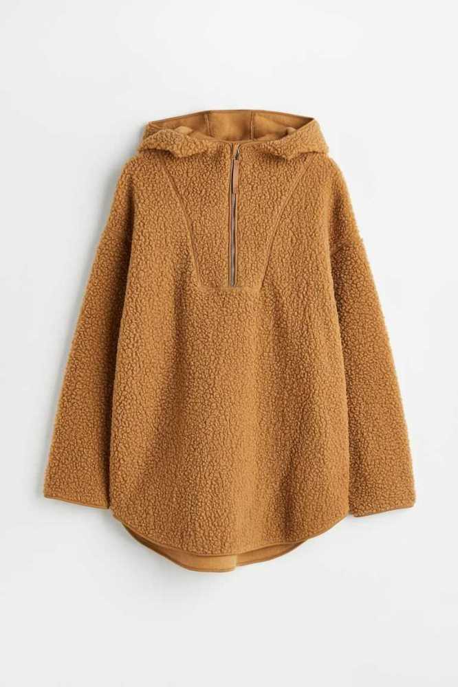 H&M Oversized Fleece Hoodie Damen Dunkelbeige | 0539-VMZYS