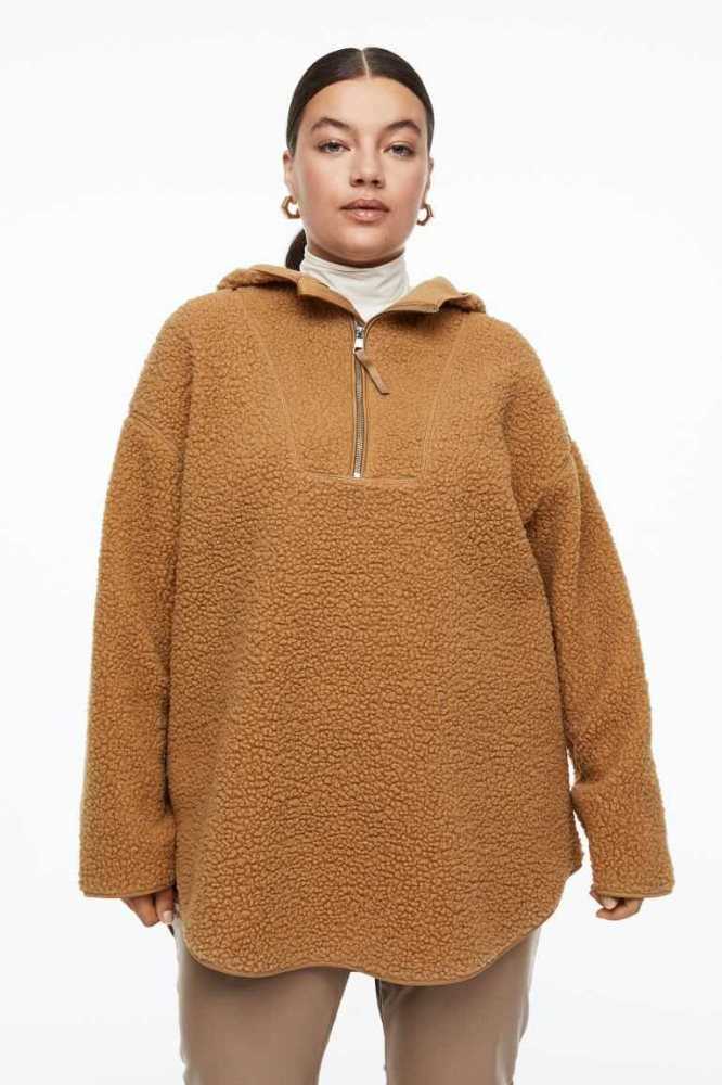 H&M Oversized Fleece Hoodie Damen Dunkelbeige | 0539-VMZYS