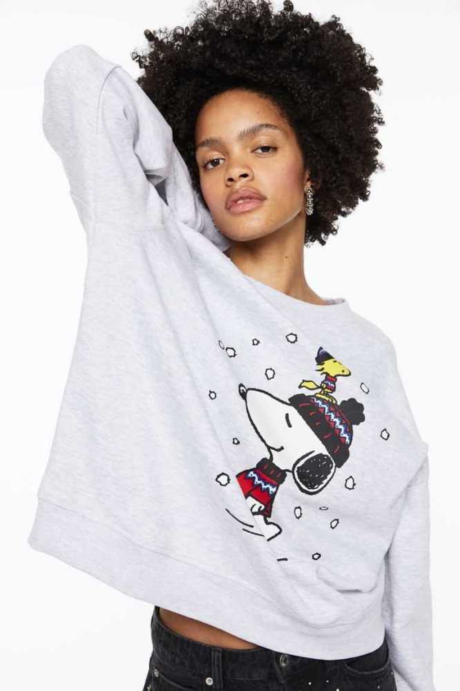 H&M Oversized Motif-front Sweatshirt Damen Hellgrau | 5963-ZGATC