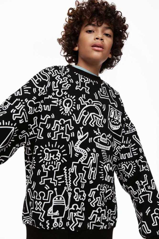 H&M Oversized Printed Hemd Kinder Schwarz | 4097-LUZCA