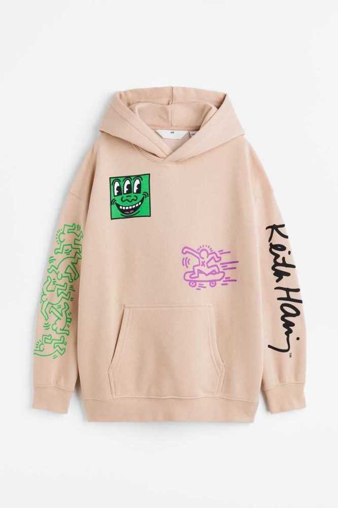 H&M Oversized Printed Hoodie Kinder Beige | 3620-EVUYS