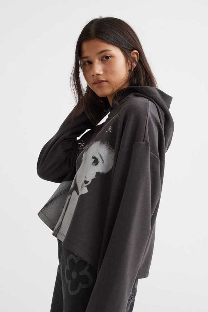 H&M Oversized Printed Hoodie Kinder Dunkelgrau | 9017-IYDZJ