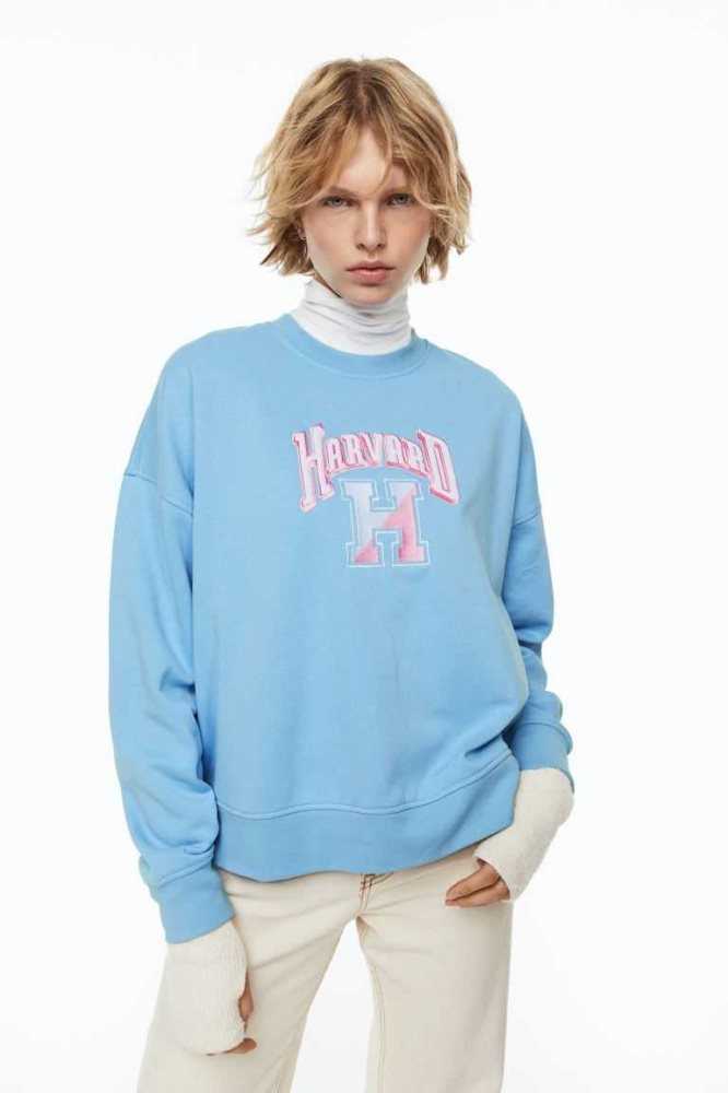 H&M Oversized Printed Sweatshirt Damen Hellblau | 3041-OTYHM